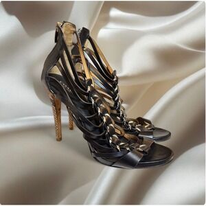 Coach Josey Gladiator Cage Heels Black Leather Snakeskin Strappy Sandals Size 8